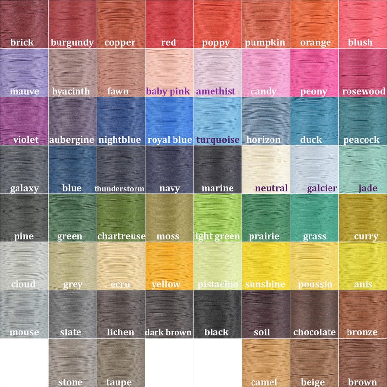 May include: A color chart displaying a wide array of thread colors. The image showcases a grid of various hues, including brick, burgundy, copper, red, poppy, pumpkin, orange, blush, mauve, hyacinth, and many more. Each color is labeled with its name.
