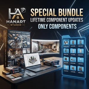 May include: A Hanart Studio special bundle for SketchUp featuring a laptop displaying 3D interior design software, a curved monitor showing a living room render, and a digital folder interface with icons for doors, kitchens, and facades.