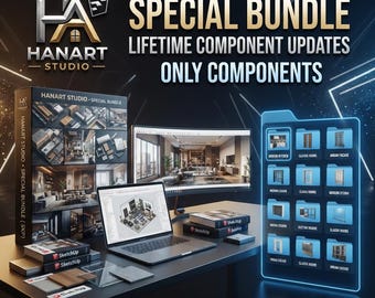 May include: A Hanart Studio special bundle for SketchUp featuring a laptop displaying 3D interior design software, a curved monitor showing a living room render, and a digital folder interface with icons for doors, kitchens, and facades.