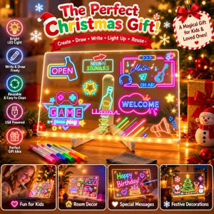 May include: A clear acrylic LED writing board with a stand, featuring neon-style drawings of a game controller, music notes, and text like 'OPEN' and 'WELCOME'. Includes colorful markers and USB power, designed for creative drawing and light-up displays.
