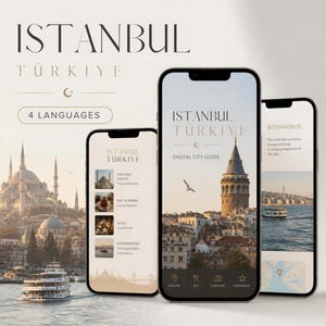 May include: Three smartphones display a digital city guide for Istanbul, Türkiye. The screens show navigation menus, the Galata Tower, Bosphorus views, and icons for exploring, eating, discovering, and experiencing the city.