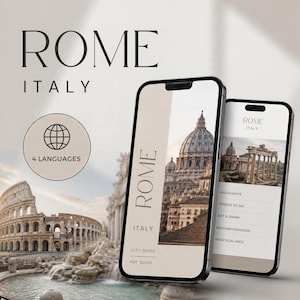 May include: Two smartphones displaying a digital Rome, Italy city guide. The screens show text including ROME, ITALY, 4 LANGUAGES, HIGHLIGHTS, THINGS TO DO, EAT & DRINK, NEIGHBOURHOODS, and PRACTICAL INFO, alongside images of St. Peter's Basilica and ruins.