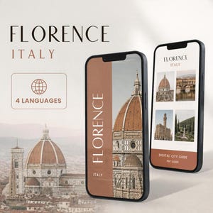 May include: Two smartphones display a digital city guide for Florence, Italy. The screens feature the text Florence Italy, 4 Languages, and Digital City Guide PDF Guide, alongside images of the Florence Cathedral and other landmarks.