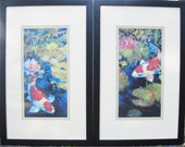 VINTAGE Set of 2 KOI FISH Double Mat Frame Print Pictures Decorator Wall Art Designer Asian Feng Shui Accent Decor Artwork