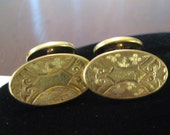 EDWARDIAN Antique 1900s 10k RGP Gold Floral Scroll NOUVEAU Diamond Hand Engraved Signet Swivel Back Cufflinks Victorian Downton Cuff Links