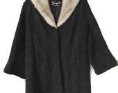 MID Century Vintage Black BROADTAIL Persian Lamb SILVER MiNK Fur Collar Stroller Car Coat Jacket Satin Lining M Gatsby Downton