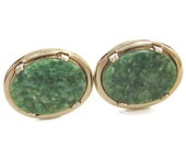 MID CENTURY Vintage 1960s Spinach Green JADE Gold Plate Brass Swivel Cufflinks Cuff Links Deco Edwardian Downton Revival Fashion Jewelry