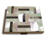DECO Vintage 1950s MODERNIST Mother of Pearl Oyster Shell GEOMETRIC Brass Glass Mirror Make Up Purse Powder Vanity Compact Burlesque Pin Up