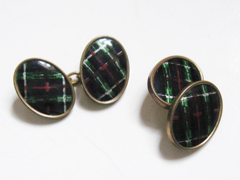 Deco Vintage Celluloid Scottish Tartan Plaid Fabric Celluloid Brass Double Cuff Links Edwardian Revival Downton Style Accessory Cufflinks