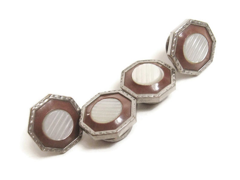 DECO Antique 1920s Silver Rhodium Brown CELLULOID Etched Mother of Pearl InlaySnap Cuff Links Edwardian Nouveau Downton Gatsby Era
