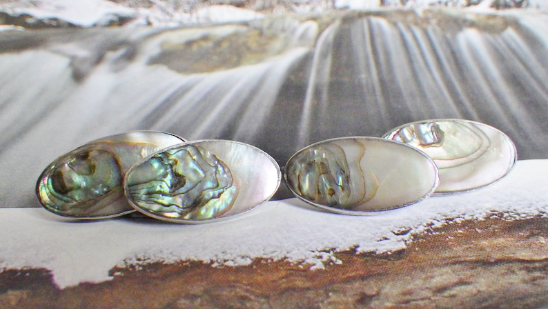VINTAGE Sterling Silver MOTHER of PEARL Abalone Shell French Double Side Link CUFFLINKs Edwardian Downton Cuff Links Jewelry