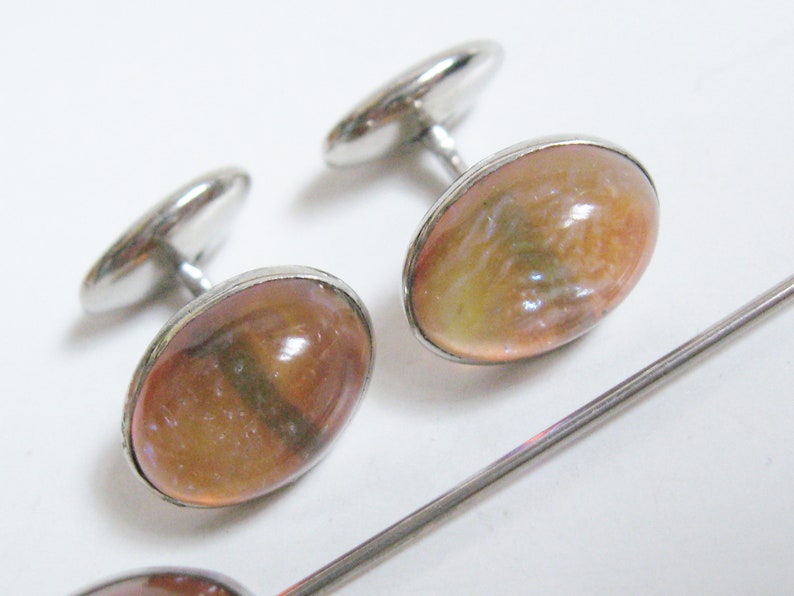 EDWARDIAN Antique 1920s Silver DRAGON/'S BREATH Art Glass Cuff Links /& Stickpin Downton Nouveau Cufflinks Jabot Pin 3 pc Vintage Jewelry Set