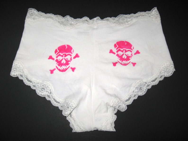 White Lace Floral Ruffle Hot Pink Pirate Skull Crossbones Booty Lingerie Knicker Panties Sz M..Burlesque Steampunk Cosplay Fetish Costume