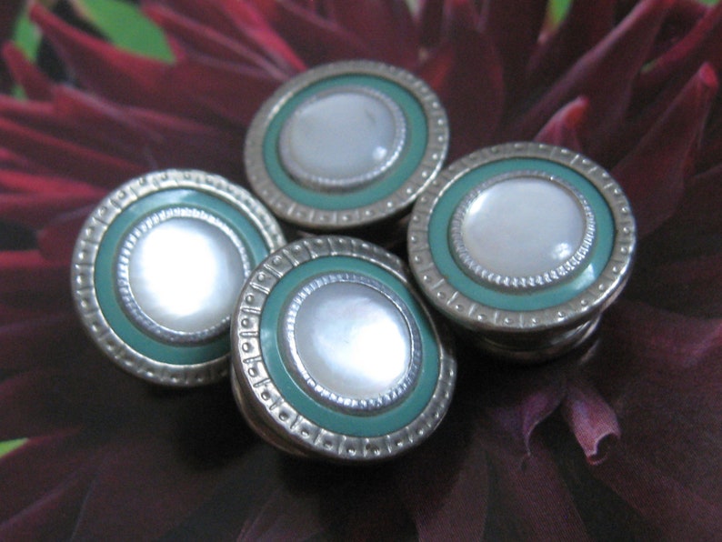 EDWARDIAN Vintage 1920s Antique Silver Rhodium Green /& White MOP Mother of Pearl Snap Link Cuff Links Deco Flapper Gothic Victorian Jewelry
