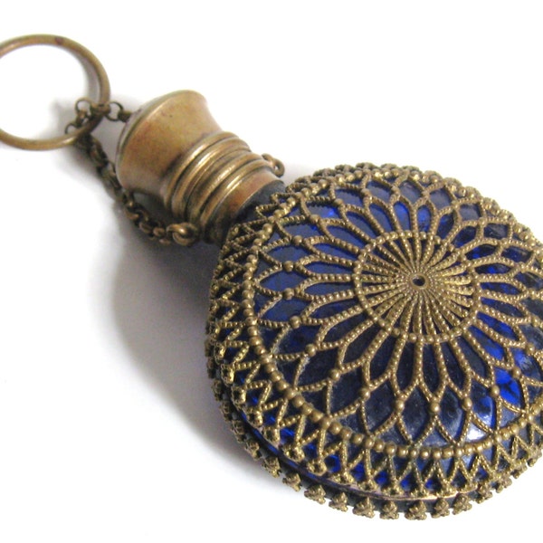 VICTORIAN 1800s Antique Cobalt Blue Glass & Brass Filigree CHATELAINE Scent Perfume BOTTLE Cap Finger Ring Chain Edwardian Downton Abbey