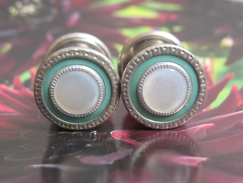 EDWARDIAN Vintage 1920s Antique Silver Rhodium Green /& White MOP Mother of Pearl Snap Link Cuff Links Deco Flapper Gothic Victorian Jewelry