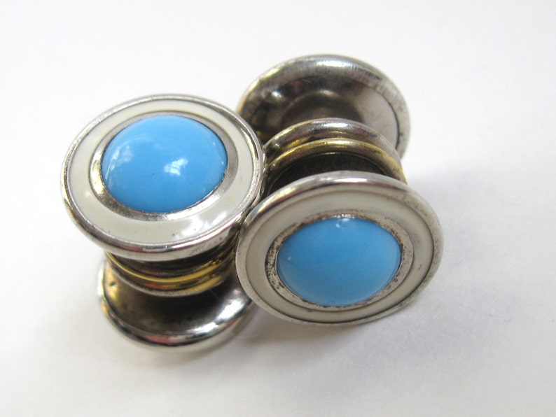 EDWARDIAN Antique Silver 1920s Silver Rhodium Sky Blue Art Glass White Celluloid Snap CUFFLINKS Cuff Links Deco Downton Jewelry Accessory