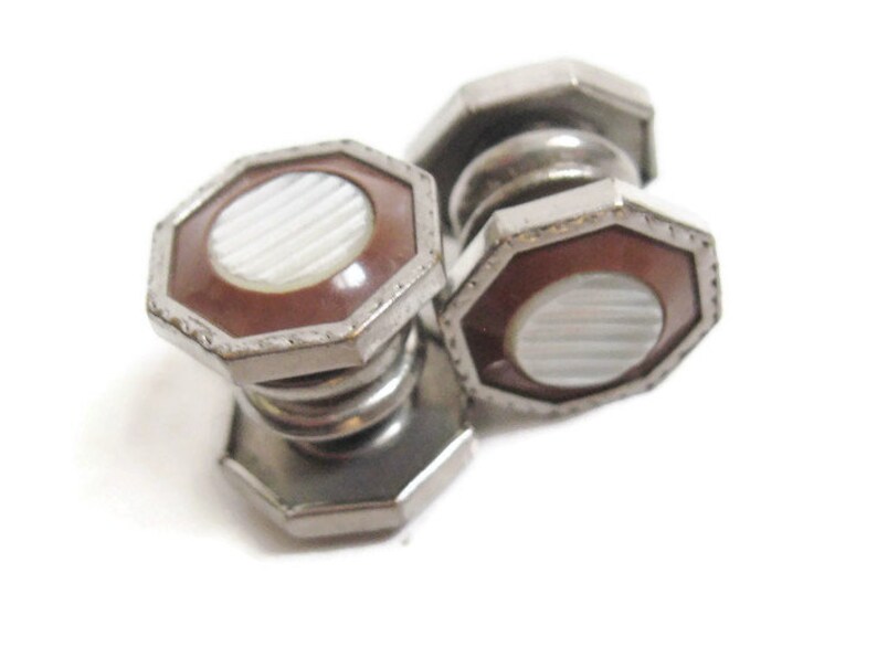 DECO Antique 1920s Silver Rhodium Brown CELLULOID Etched Mother of Pearl InlaySnap Cuff Links Edwardian Nouveau Downton Gatsby Era