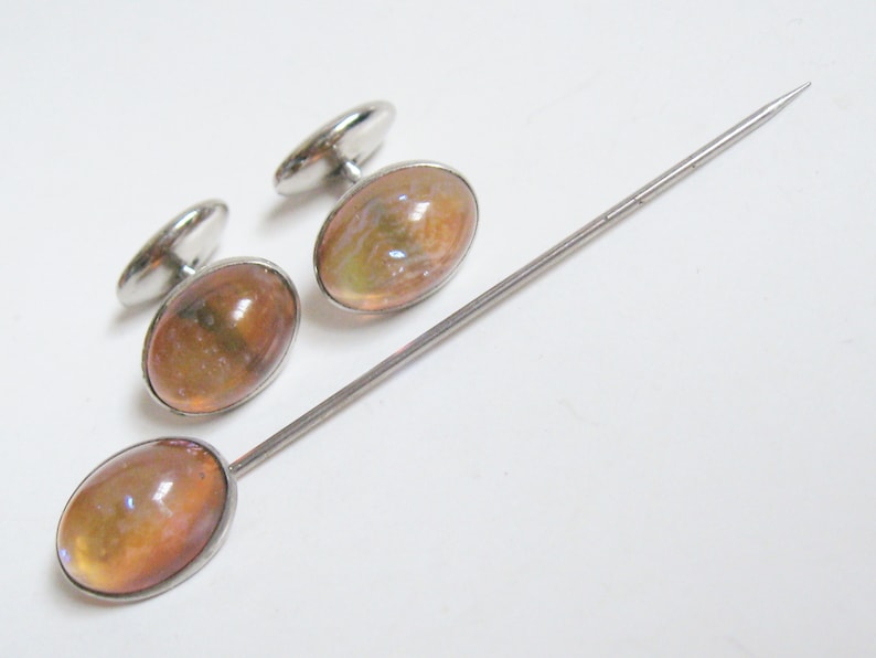 EDWARDIAN Antique 1920s Silver DRAGON/'S BREATH Art Glass Cuff Links /& Stickpin Downton Nouveau Cufflinks Jabot Pin 3 pc Vintage Jewelry Set