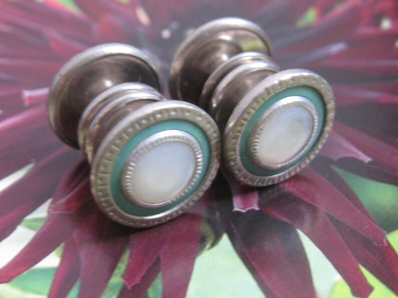 EDWARDIAN Vintage 1920s Antique Silver Rhodium Green /& White MOP Mother of Pearl Snap Link Cuff Links Deco Flapper Gothic Victorian Jewelry