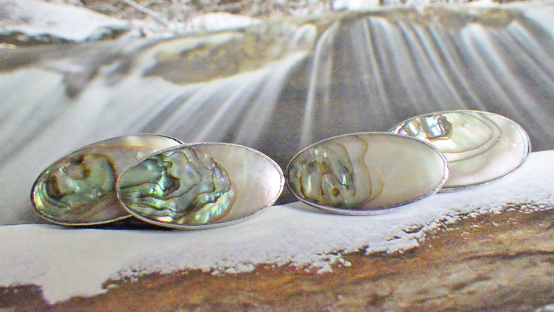 VINTAGE Sterling Silver MOTHER of PEARL Abalone Shell French Double Side Link CUFFLINKs Edwardian Downton Cuff Links Jewelry