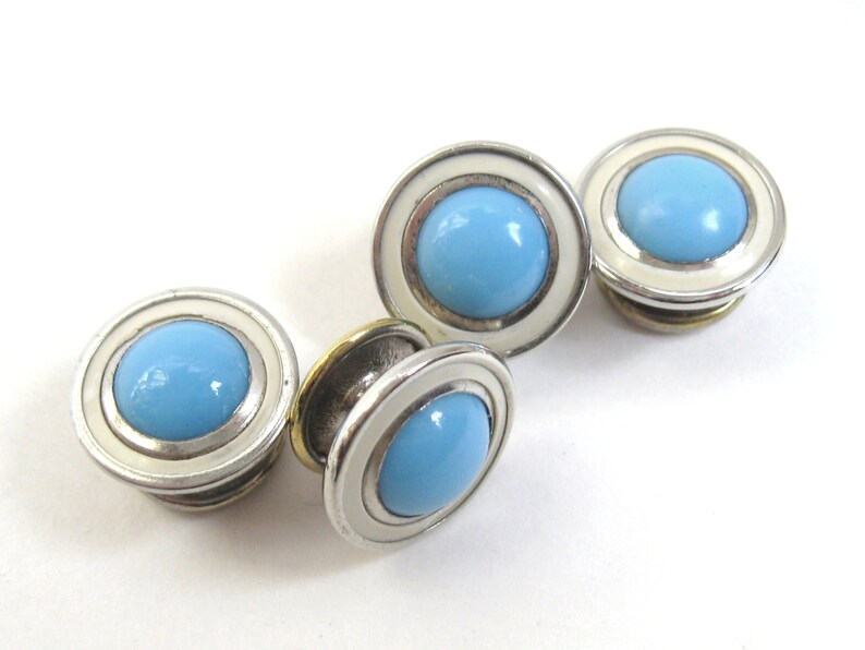 EDWARDIAN Antique Silver 1920s Silver Rhodium Sky Blue Art Glass White Celluloid Snap CUFFLINKS Cuff Links Deco Downton Jewelry Accessory