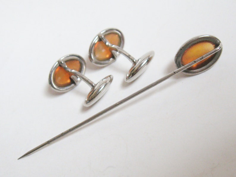 EDWARDIAN Antique 1920s Silver DRAGON/'S BREATH Art Glass Cuff Links /& Stickpin Downton Nouveau Cufflinks Jabot Pin 3 pc Vintage Jewelry Set