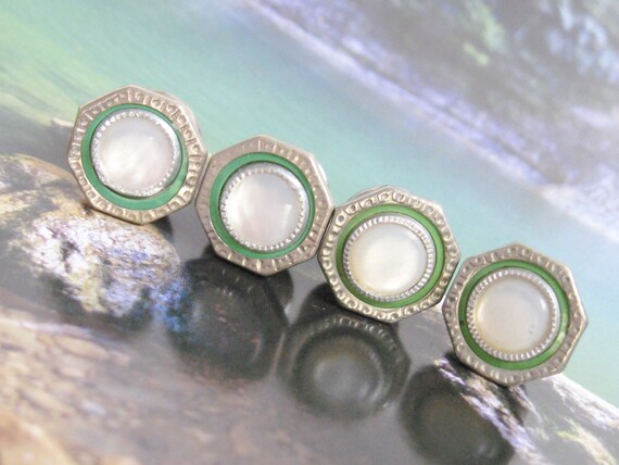 EDWARDIAN Vintage 1920s Antique Silver Rhodium Green /& White MOP Mother of Pearl Snap Link Cuff Links Deco Flapper Gothic Victorian Jewelry