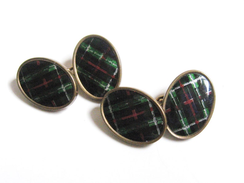 Deco Vintage Celluloid Scottish Tartan Plaid Fabric Celluloid Brass Double Cuff Links Edwardian Revival Downton Style Accessory Cufflinks