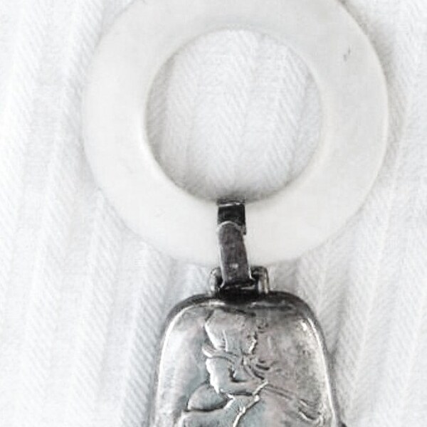 EDWARDIAN Sterling Silver Little Girl Child & Lamb Dog WEBSTER Antique Nouveau Heirloom Baby Rattle Mother of Pearl Lucite Teething Ring