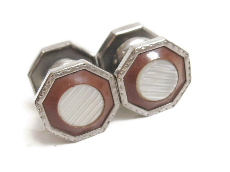 DECO Antique 1920s Silver Rhodium Brown CELLULOID Etched Mother of Pearl InlaySnap Cuff Links Edwardian Nouveau Downton Gatsby Era