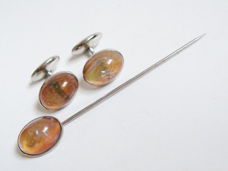 EDWARDIAN Antique 1920s Silver DRAGON/'S BREATH Art Glass Cuff Links /& Stickpin Downton Nouveau Cufflinks Jabot Pin 3 pc Vintage Jewelry Set
