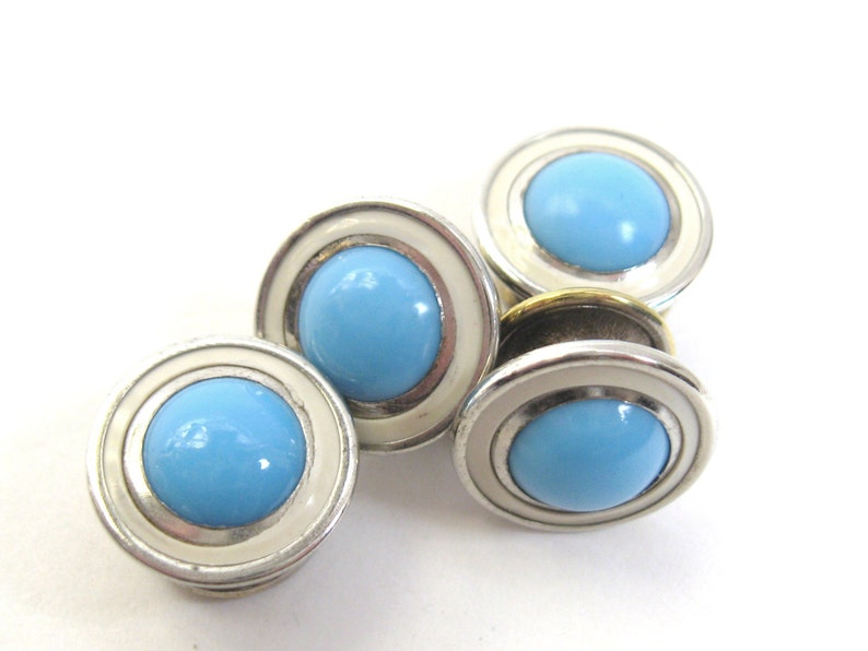 EDWARDIAN Antique Silver 1920s Silver Rhodium Sky Blue Art Glass White Celluloid Snap CUFFLINKS Cuff Links Deco Downton Jewelry Accessory