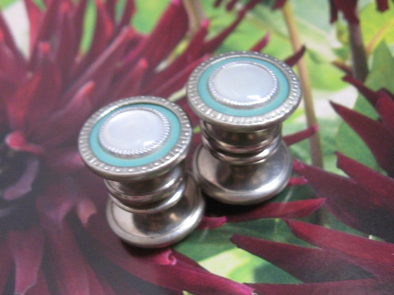 EDWARDIAN Vintage 1920s Antique Silver Rhodium Green /& White MOP Mother of Pearl Snap Link Cuff Links Deco Flapper Gothic Victorian Jewelry