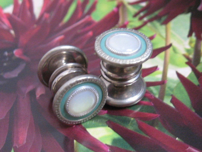 EDWARDIAN Vintage 1920s Antique Silver Rhodium Green /& White MOP Mother of Pearl Snap Link Cuff Links Deco Flapper Gothic Victorian Jewelry