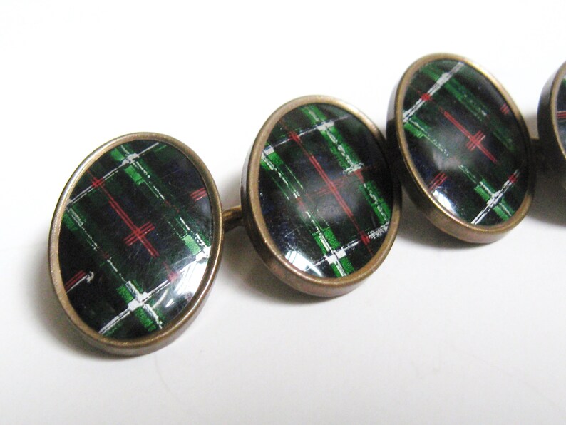 Deco Vintage Celluloid Scottish Tartan Plaid Fabric Celluloid Brass Double Cuff Links Edwardian Revival Downton Style Accessory Cufflinks
