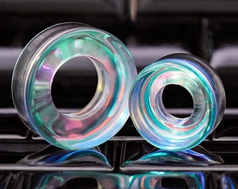 Blue & Green Iridescent Glass Plug / Tunnel / Gauge - Double Flare Glass Ear Plugs / Gauges in 10mm (00g), 20mm (13/16th), 30mm (1.18")