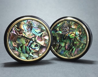 Gold Mosaic Abalone Plug / Gauge - Double Flare Wooden Ear Plugs / Gauges in 10mm (00g) - 40mm (1 9/16")