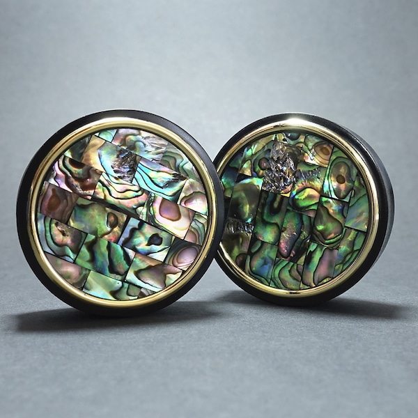 Gold Mosaic Abalone Plug / Gauge - Double Flare Wooden Ear Plugs / Gauges in 10mm (00g) - 40mm (1 9/16")