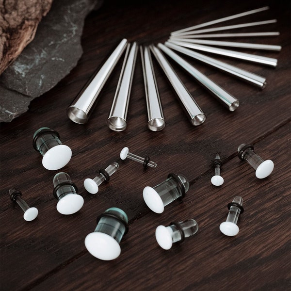 Beginners Ear Stretching Kit for Ears - 33 Piece Pack - Includes Surgical Steel Tapers & Clear - White Glass Plug / Gauge