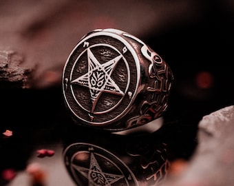 Silver Pentagram Baphomet Occult Ring