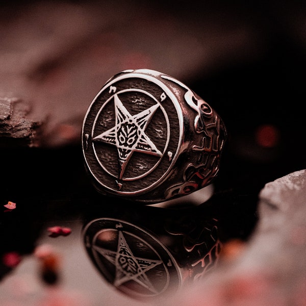 Silver Pentagram Baphomet Occult Ring