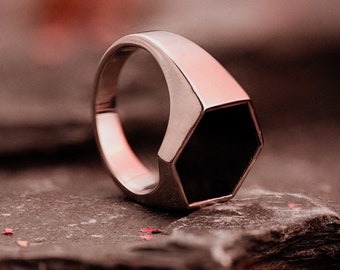 Silver Hexagon Black Onyx Ring