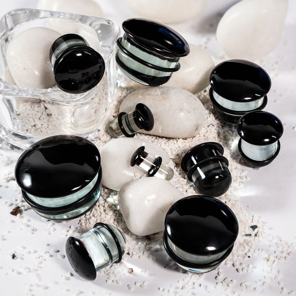 Clear & Black Single Flare Glass Plug / Gauge - Single Flare Plugs / Gauges in 1.6mm (14g), 10mm (00g), 30mm (1.18")