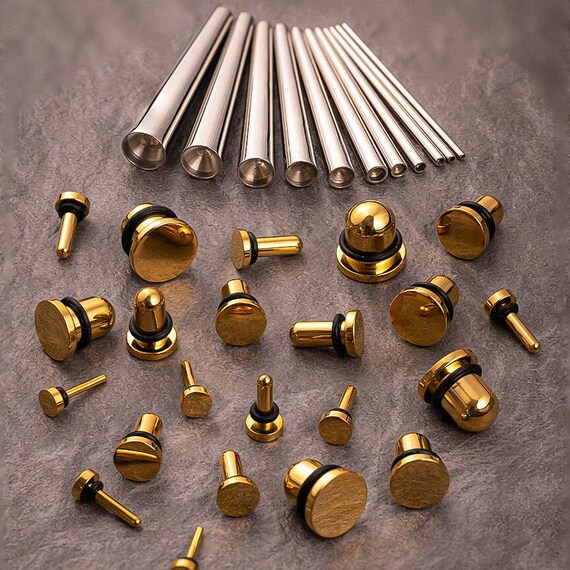 Beginners Ear Stretching Kit for Ears 33 Piece Pack Includes Surgical Steel Tapers Gold Steel Plug Gauge