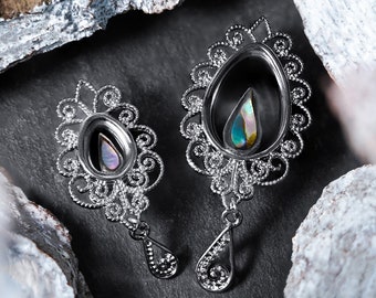 Teardrop Silver & Abalone Tear Dangle Plug / Gauge