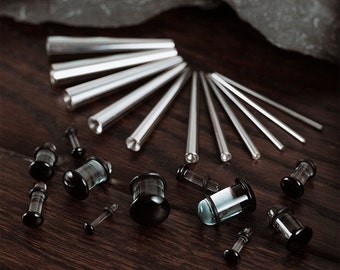 Beginners Ear Stretching Kit for Ears - 33 Piece Pack - Includes Surgical Steel Tapers & Clear - Black Glass Plug / Gauge