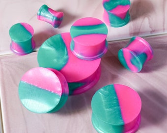 Marble Pink & Green Solid Silicone Plug / Gauge Flat Flare Silicone Ear Plugs / Gauges in 6mm (2g) - 30mm (1.18")