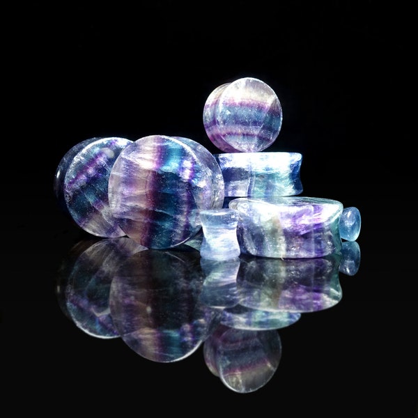 Rainbow Fluorite Plug / Gauge - Double Flare Stone Ear Plugs / Gauges in 6mm (2g) - 40mm (1 9/16")