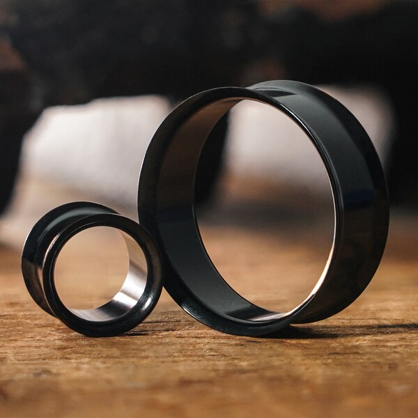 Black Steel Double Flared Tunnel / Plug / Gauge - Metal Ear Plugs in 3mm (14G) - 50mm (2 1/18") Gauge Sizes